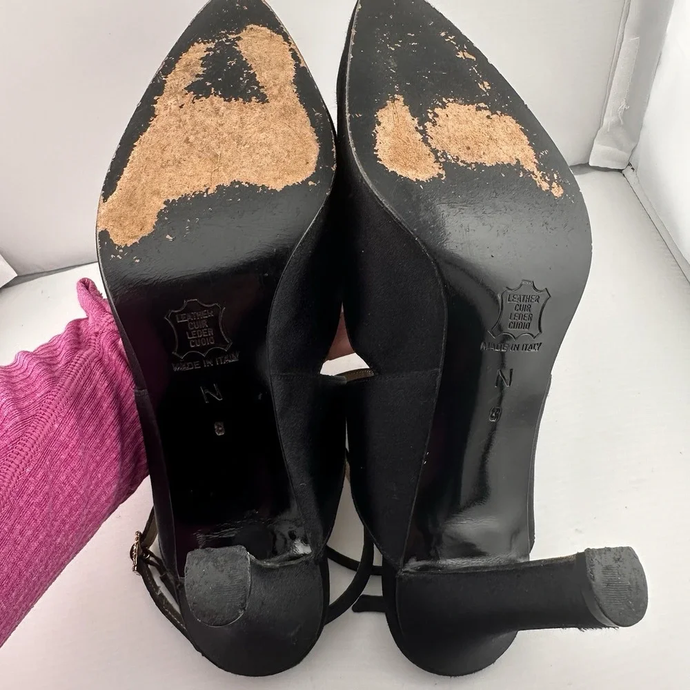 Yves Saint Laurent Womens Black Satin Ankle Strap Rhinestone Buckle‎ Heels YSL 8